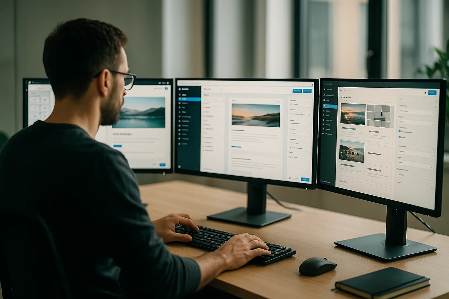 Developpeur comparant WordPress Next.js et Webflow sur triple ecran de bureau