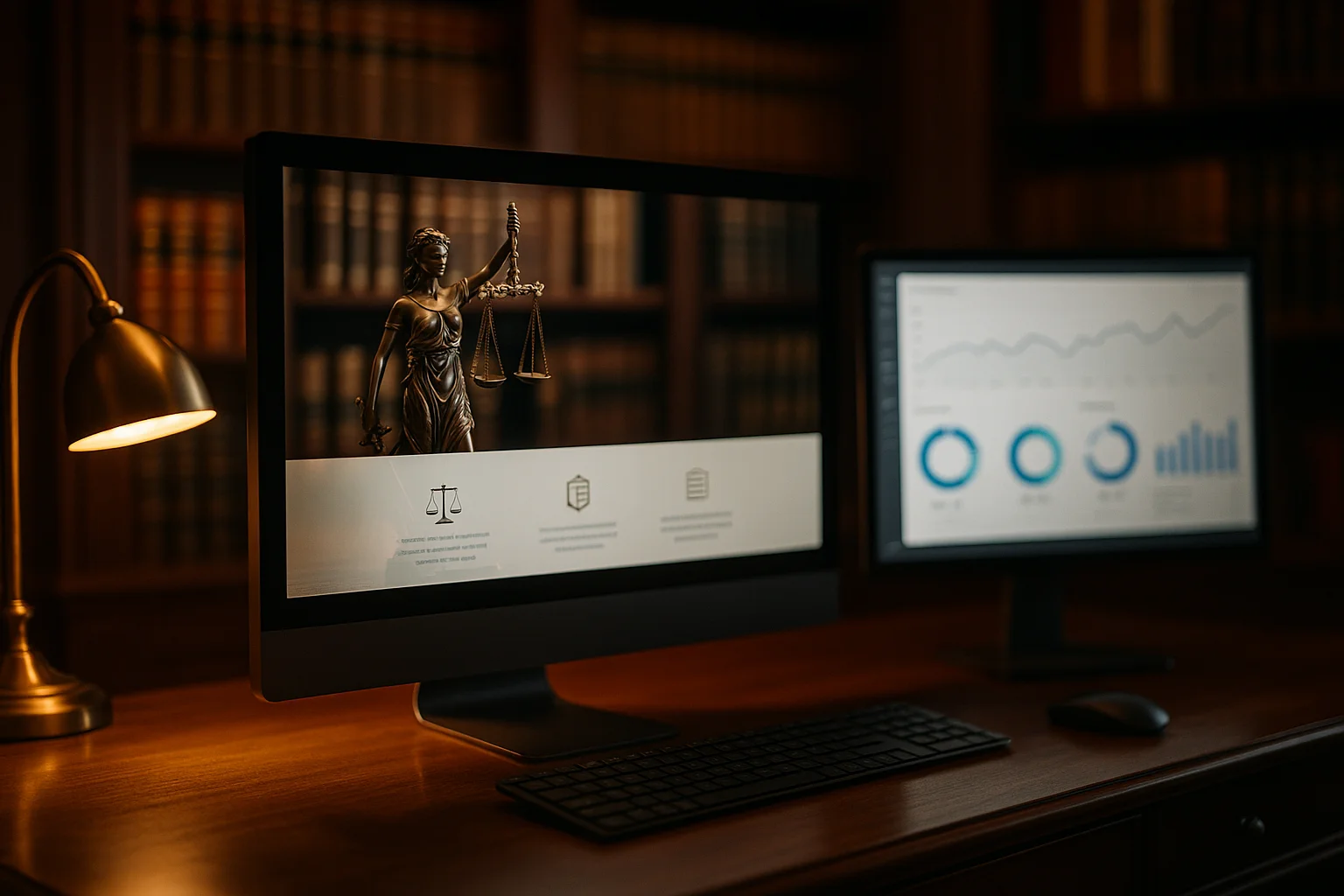 Site internet de cabinet d'avocats affiche sur ecran avec analytics SEO en arriere-plan