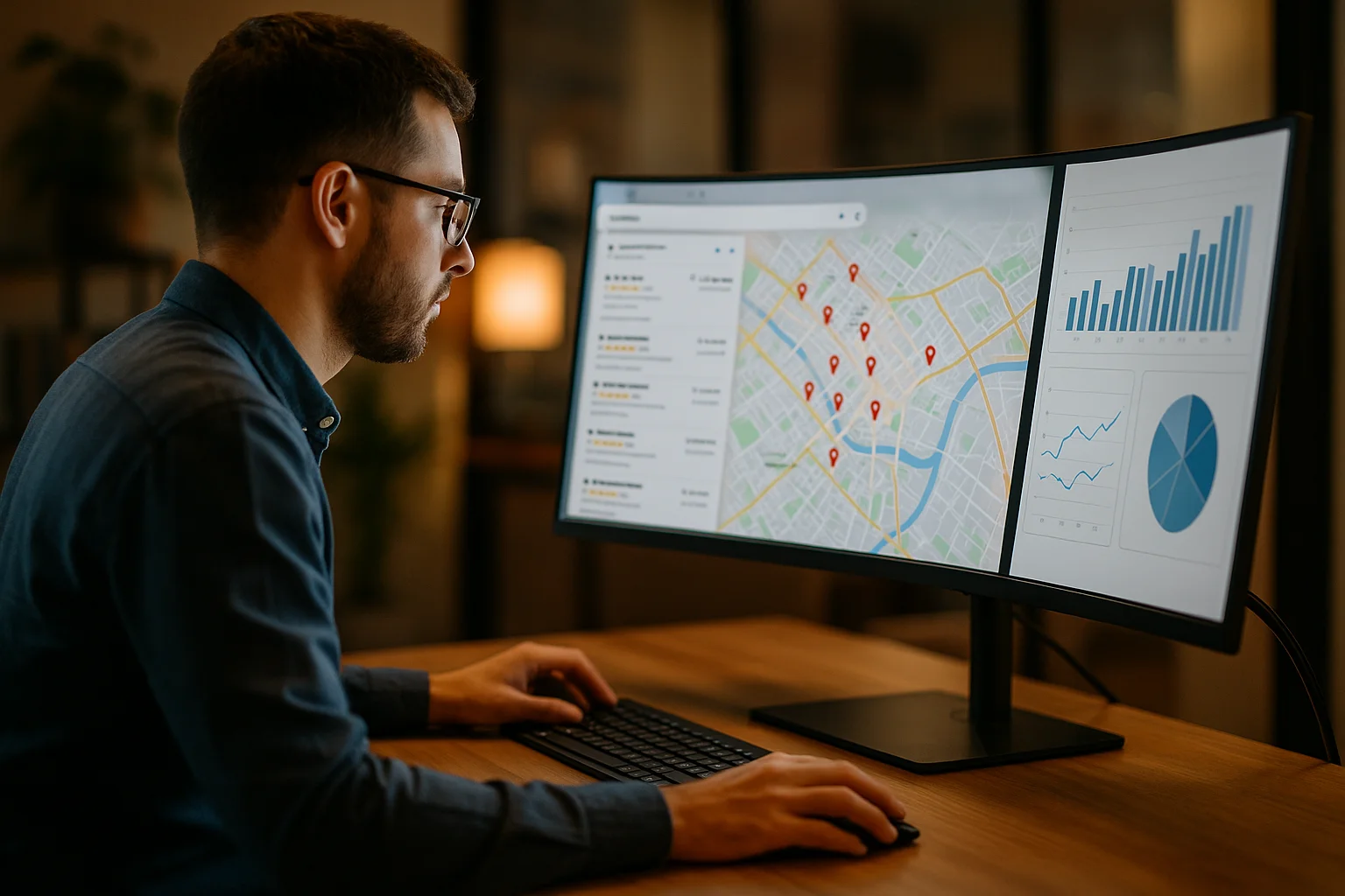 Analyste marketing etudiant les statistiques SEO local sur ecran avec Google Maps