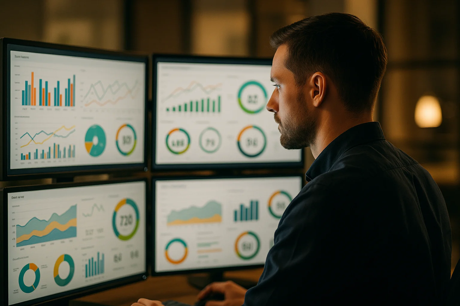 Analyste de donnees etudiant les résultats d'audit SEO de sites francais sur ecrans multiples