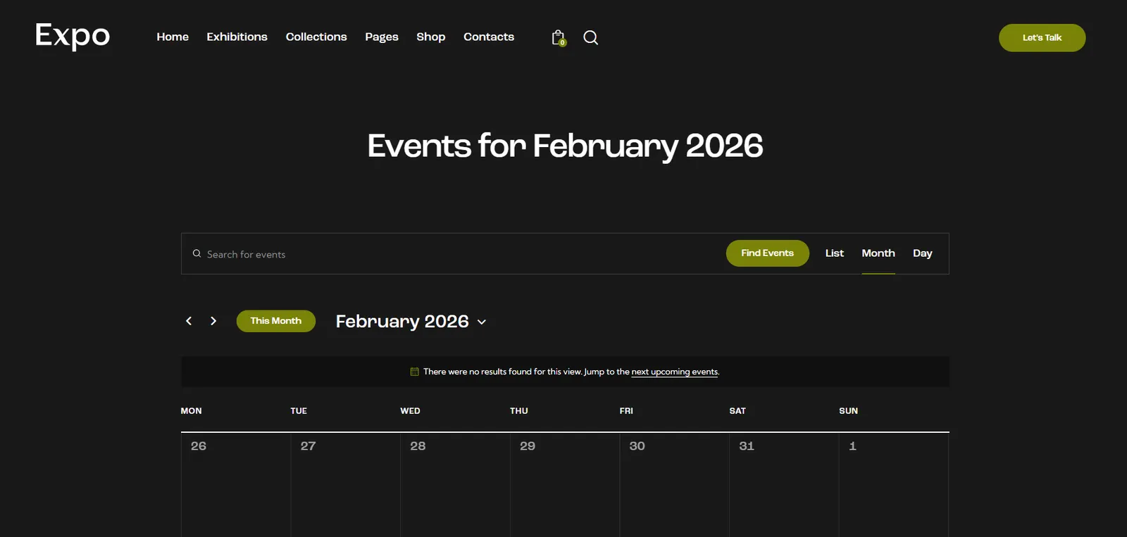 Calendrier d'expositions intégré sur un site internet d'artiste