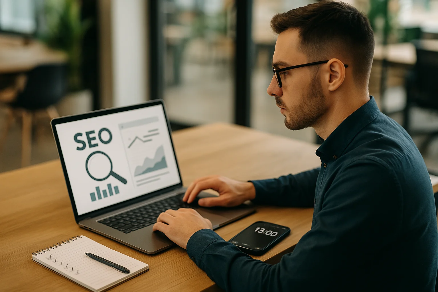 Specialiste SEO realisant un audit technique rapide sur laptop avec timer 15 minutes