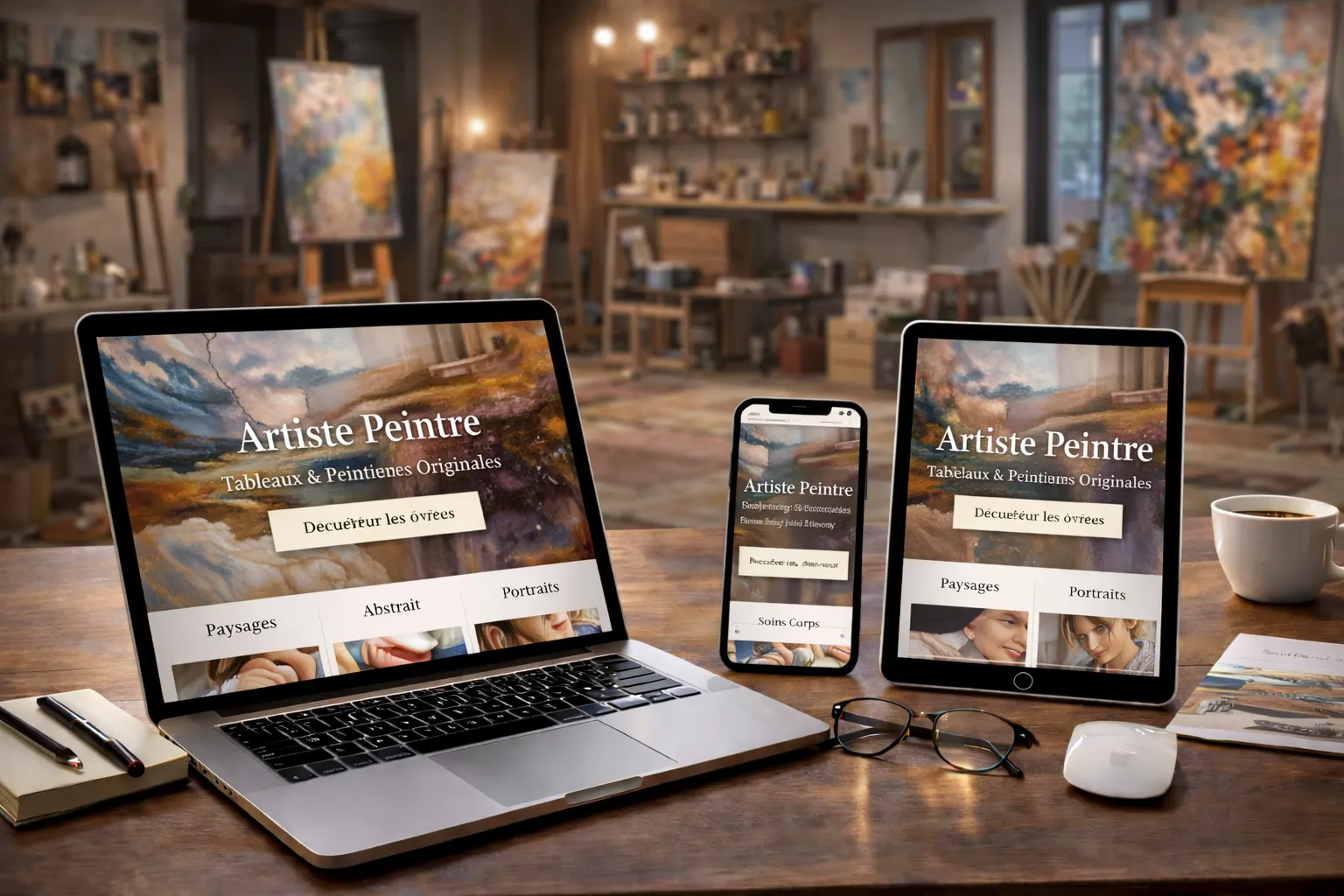 Artiste peintre dans son atelier devant une toile colorée, illustrant la création d’un site internet pour artiste par Clickzou