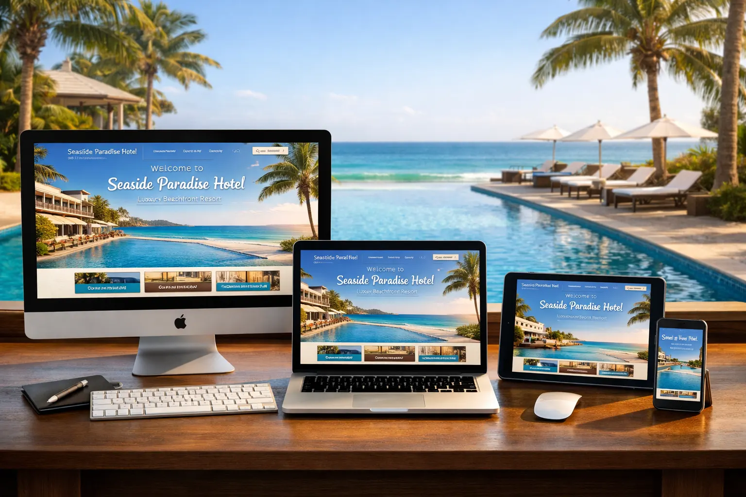 Réception d'un hôtel élégant avec un ordinateur affichant le site internet de l'établissement