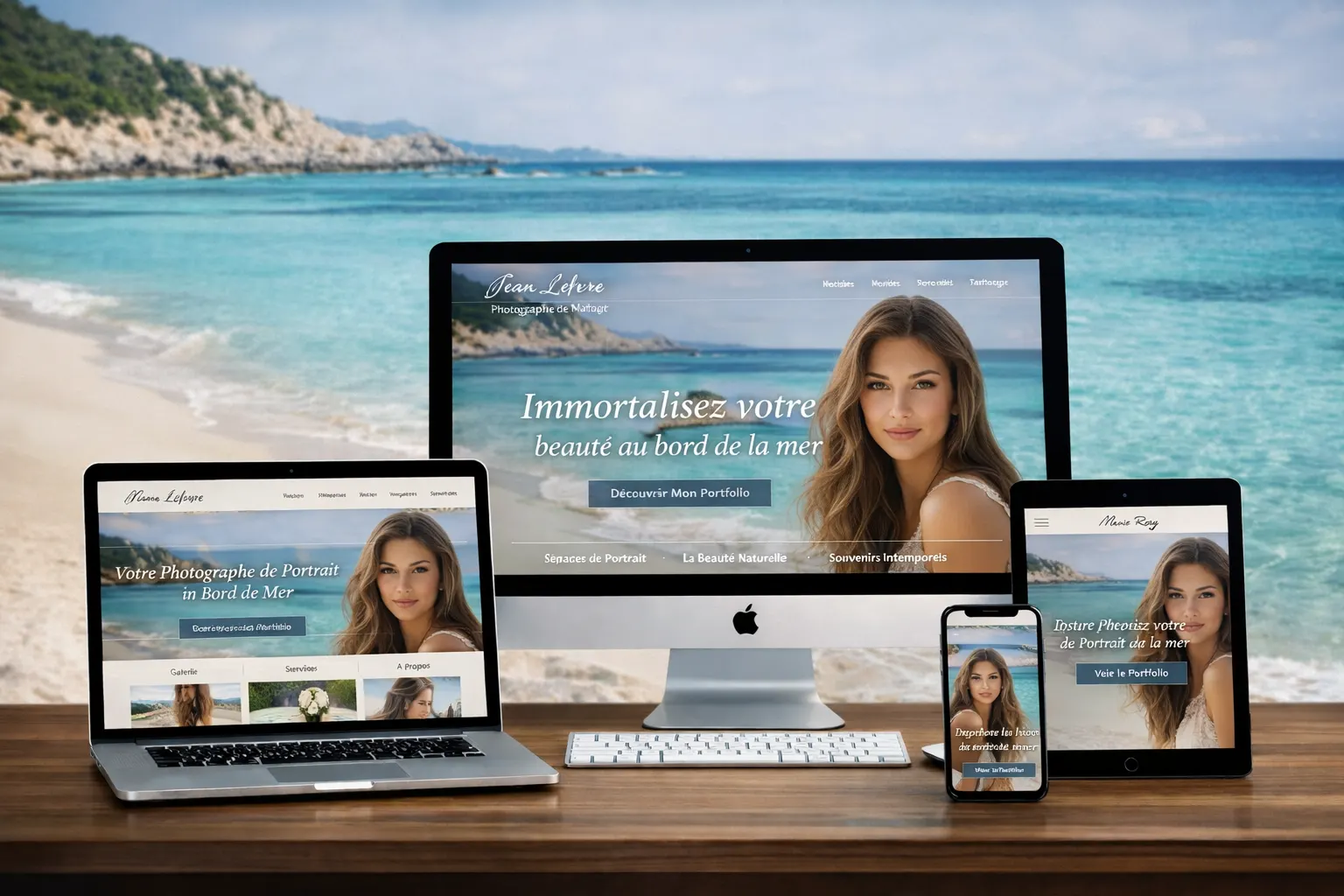 Photographe professionnel travaillant sur son portfolio en ligne, entouré d'objectifs et d'un écran affichant une galerie photo élégante.