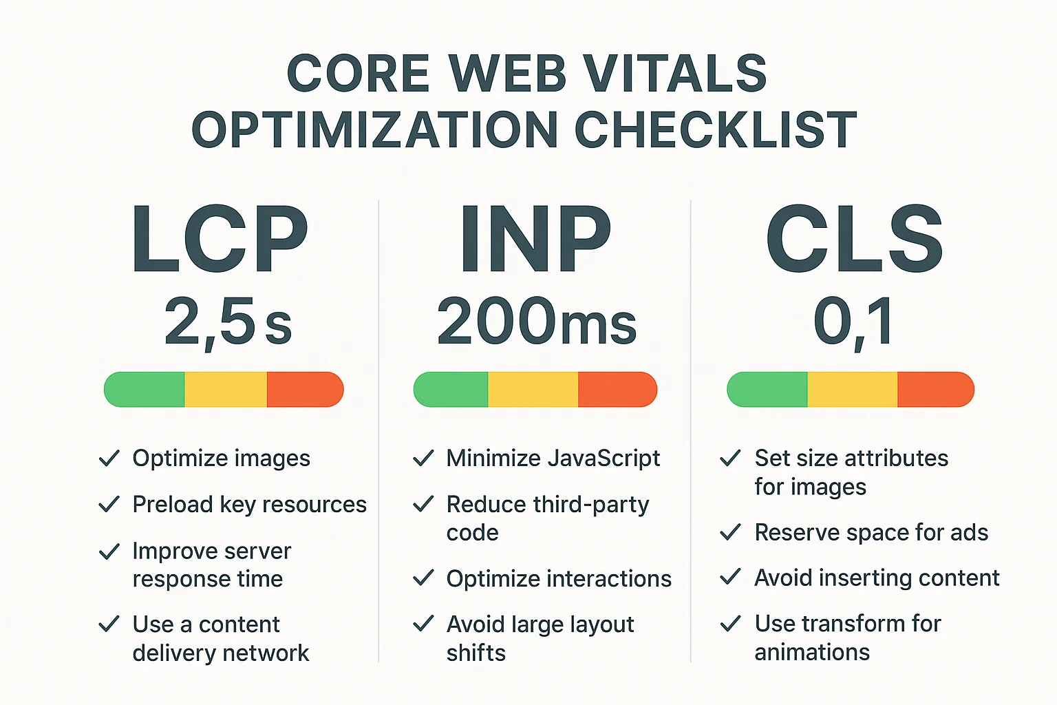 Infographie Core Web Vitals LCP INP CLS avec seuils et actions d'optimisation