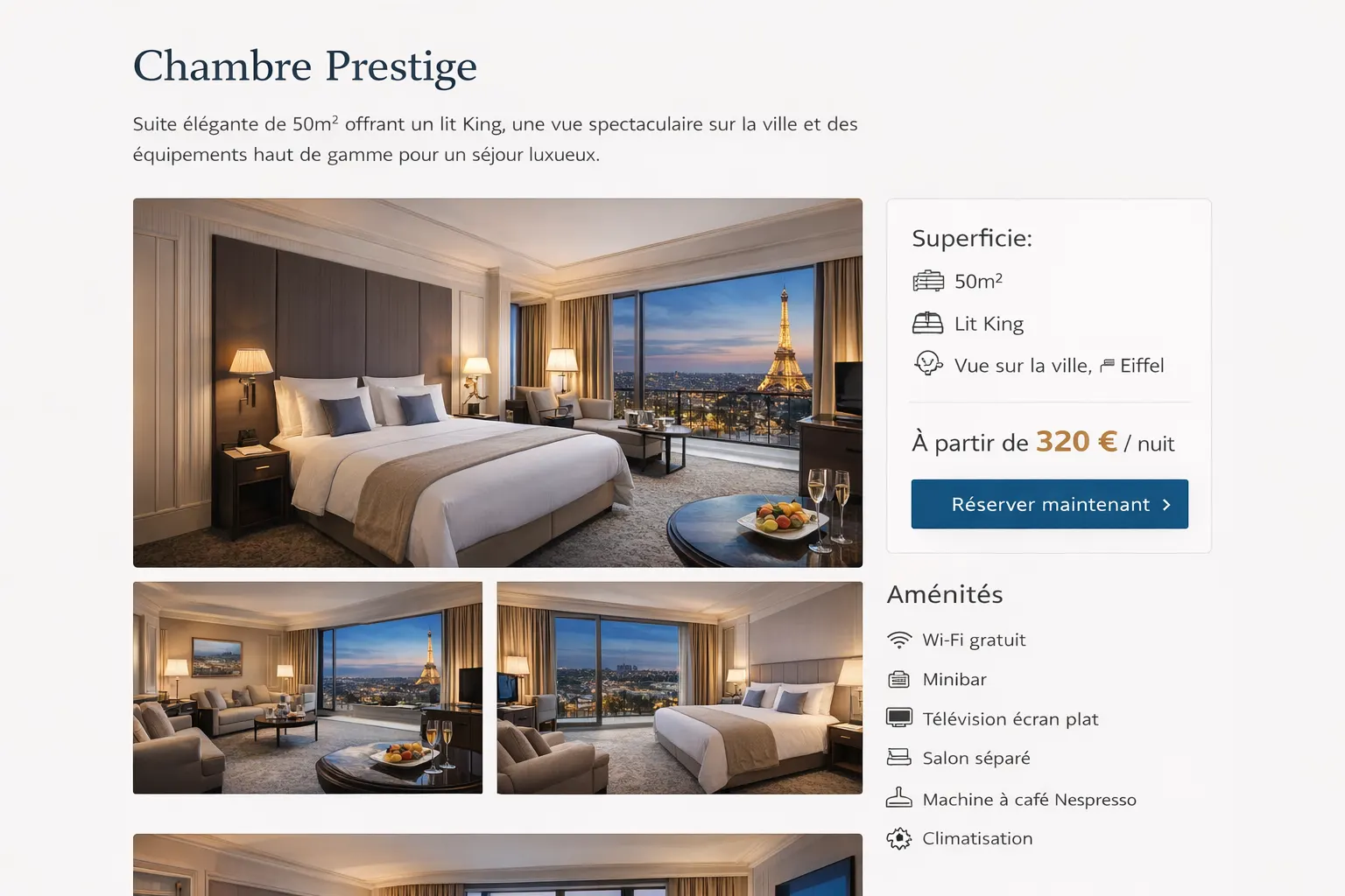 Présentation des chambres et suites d'un hôtel sur un site internet