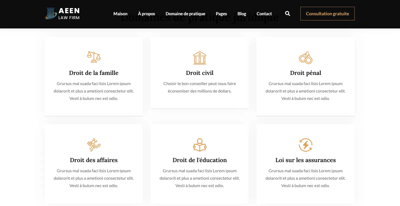 Site vitrine professionnel pour avocat et juriste avec domaines de compétences