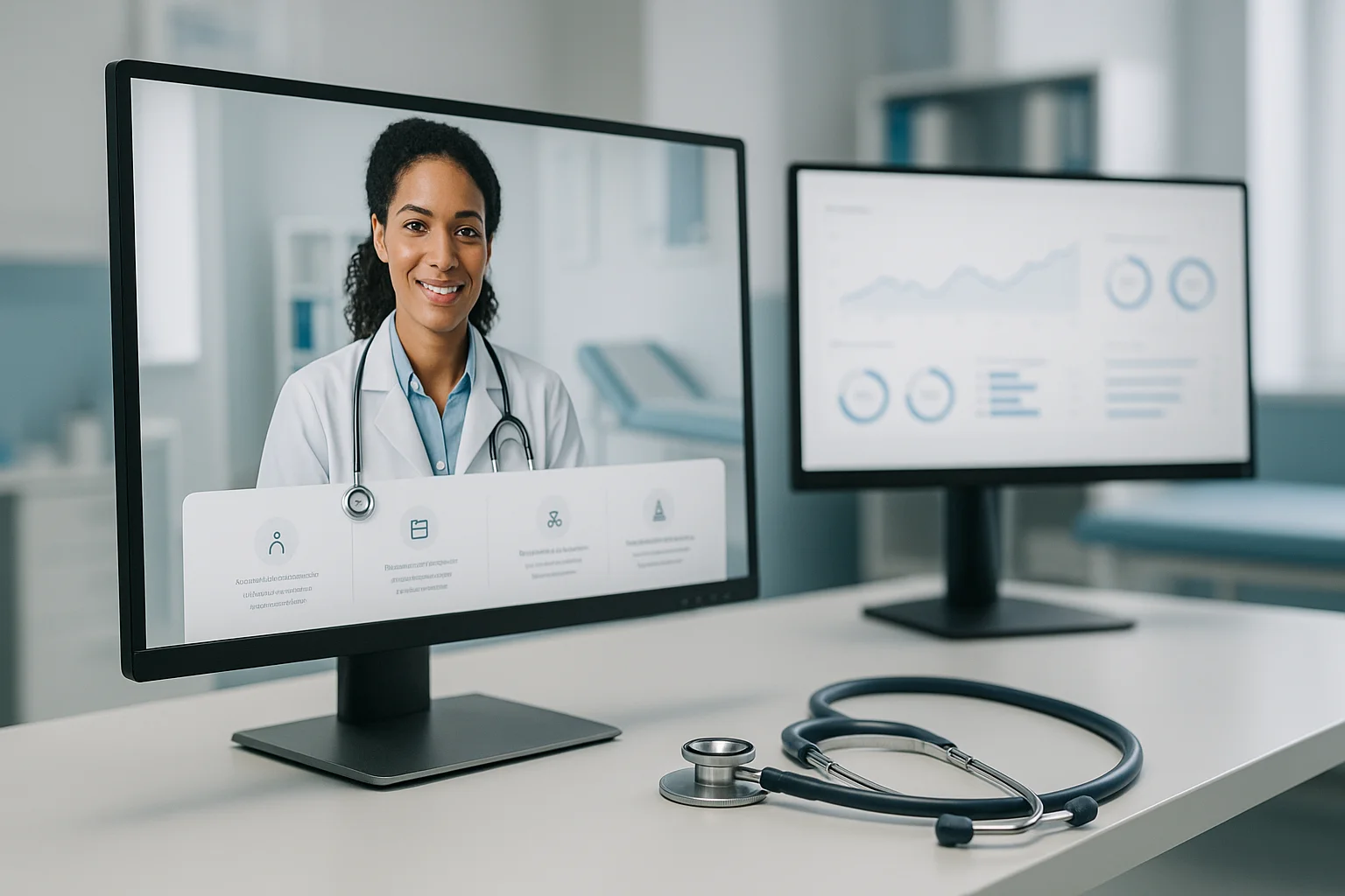 Site web professionnel de sante affiche sur ecran dans un cabinet medical moderne