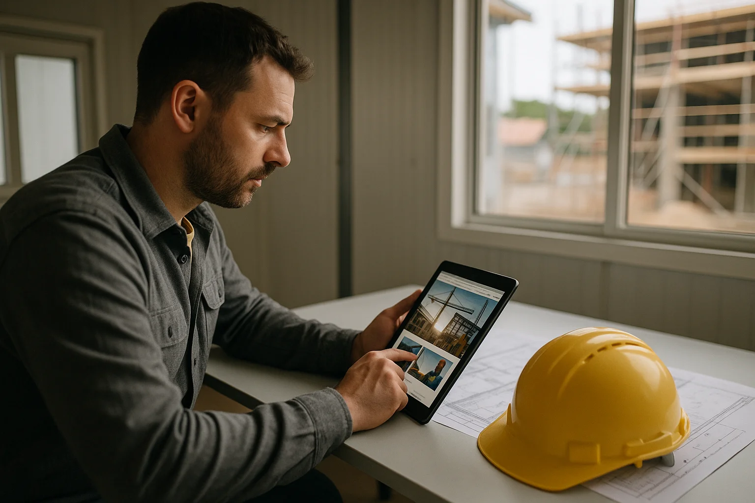 Artisan BTP consultant son site internet sur tablette sur un chantier de construction
