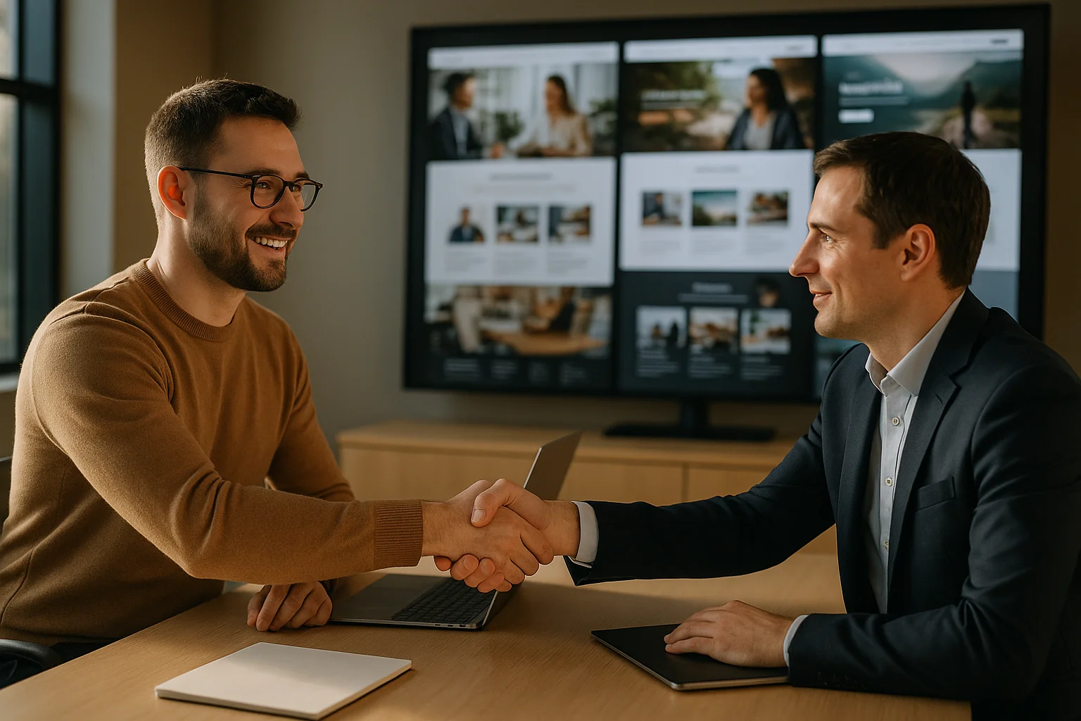 Chef d'entreprise serrant la main d'un representant d'agence web en salle de reunion