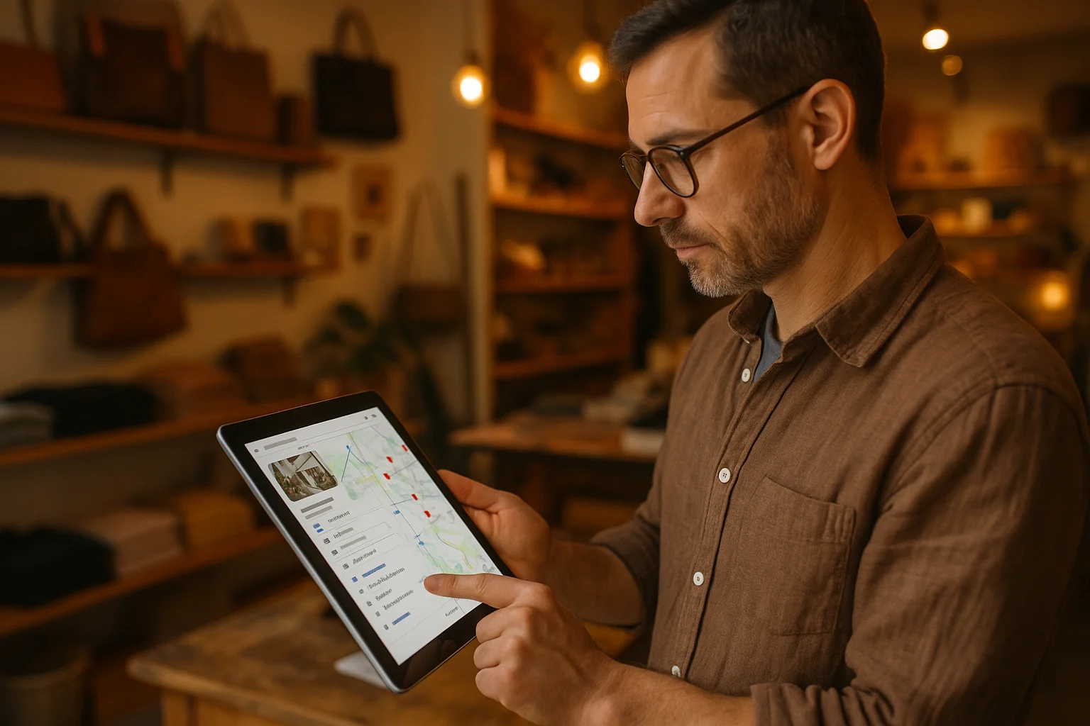 Commercant local optimisant sa fiche Google Business Profile sur tablette dans sa boutique