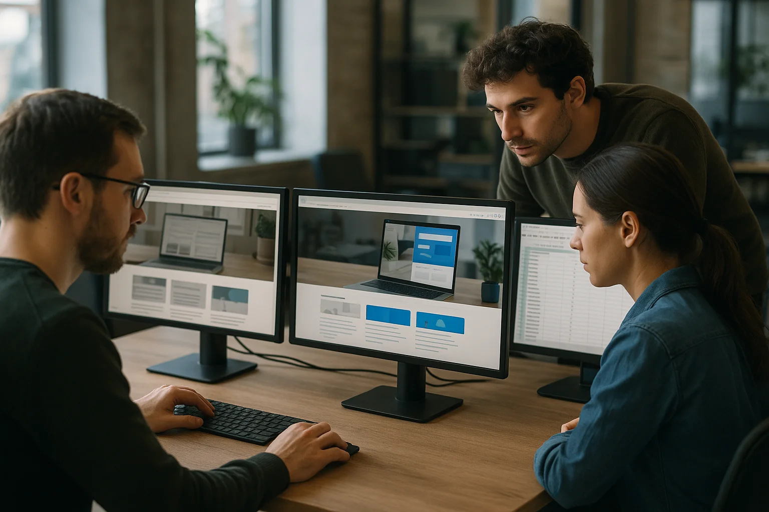 Equipe web migrant un site avec ancien et nouveau design cote a cote sur ecrans
