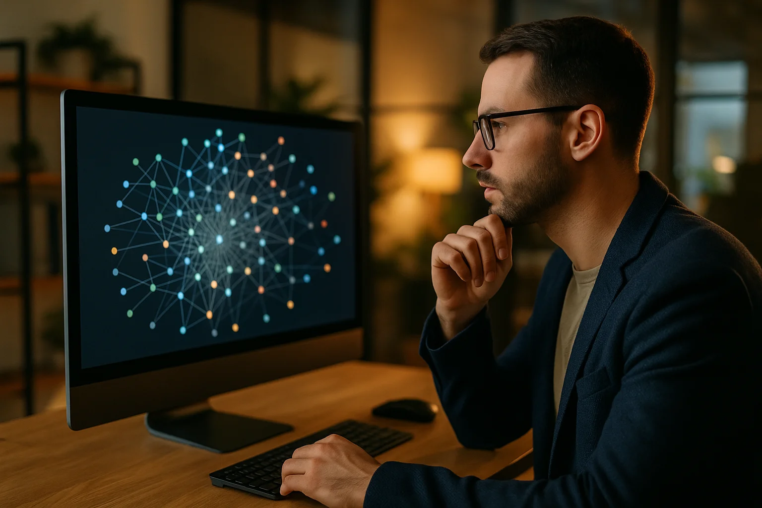 Strategiste marketing analysant un profil de backlinks avec graphe de liens sur ecran