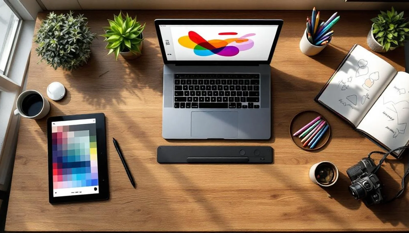 Bureau de designer avec tablette graphique, nuancier Pantone, crayons pastels, carnet de croquis et appareil photo : panoplie d'outils créatifs pour les visuels d'entreprise