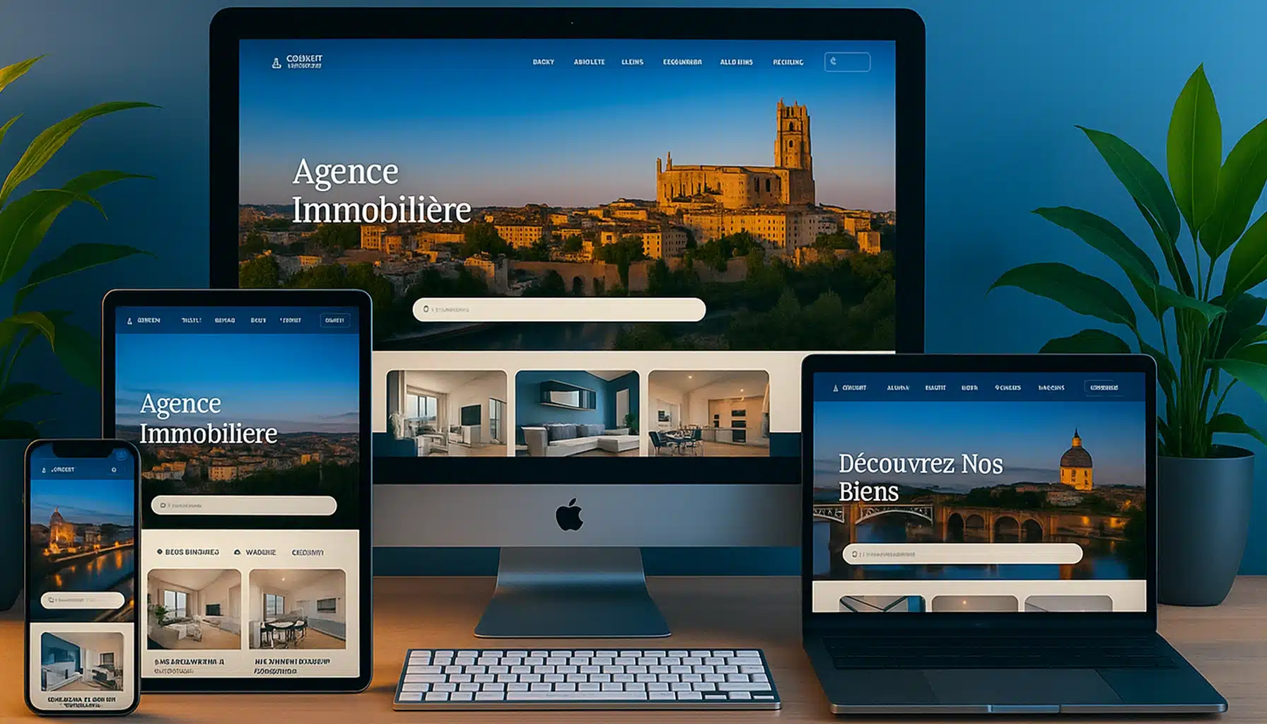 Vue panoramique de la cathedrale Sainte-Cecile a Albi avec un ecran d'ordinateur affichant un site web moderne au premier plan.