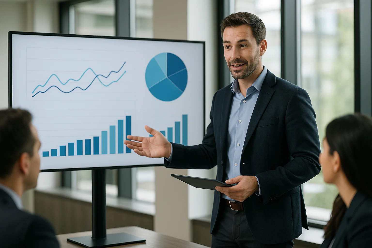 Consultant presentant des statistiques de création de sites internet lors d'une reunion