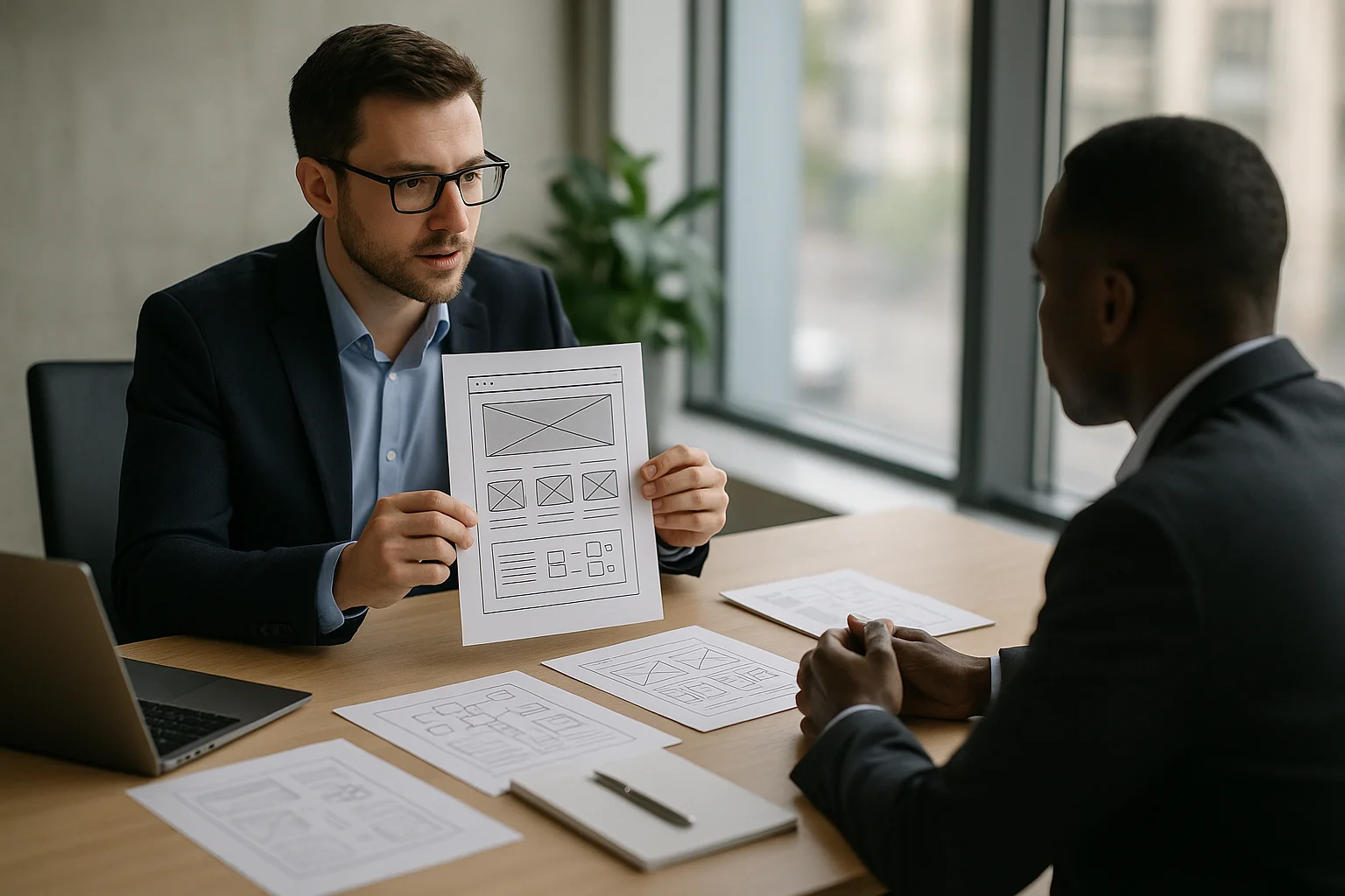 Reunion de projet web avec cahier des charges imprime sur table de bureau moderne