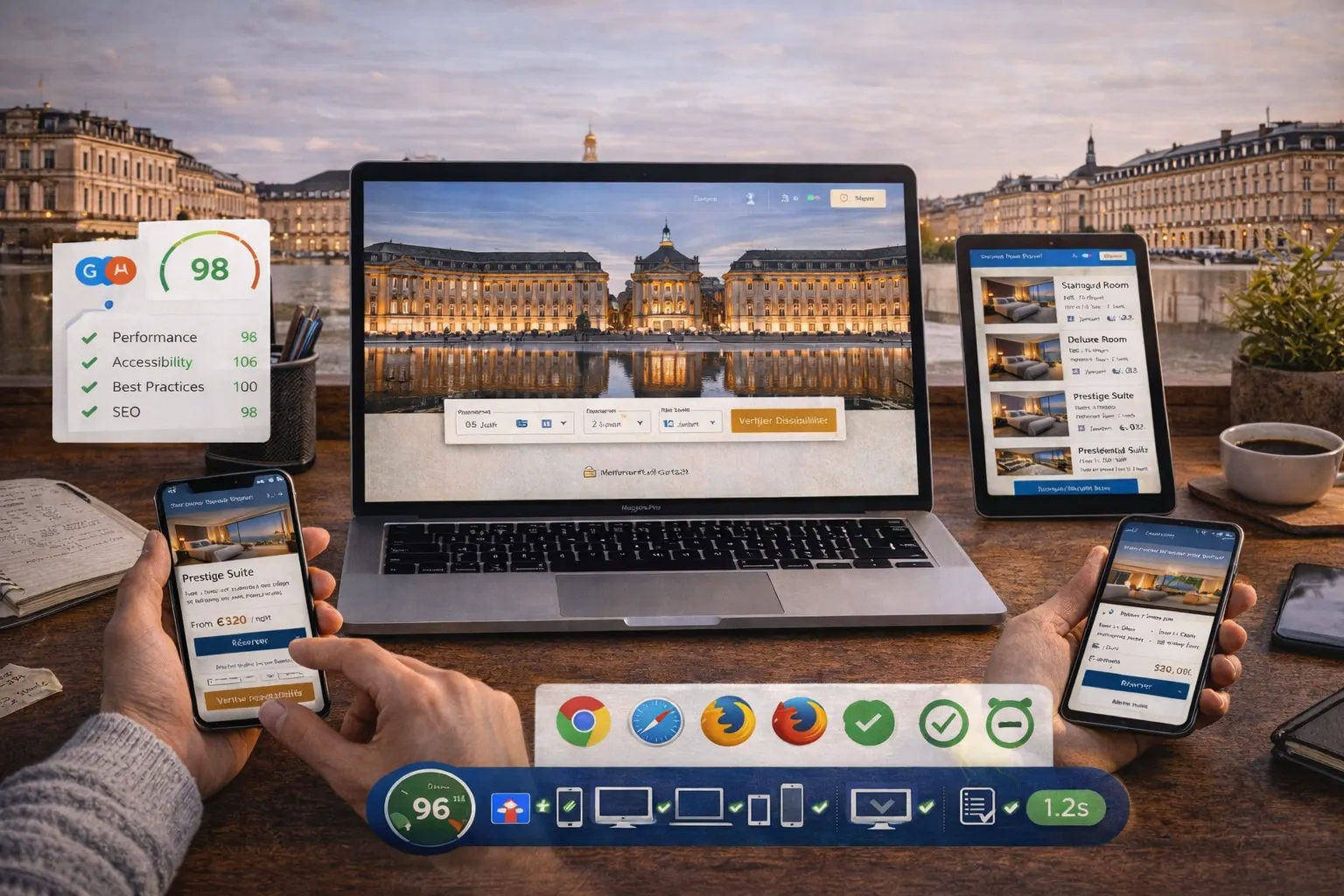 Tests responsive du site hôtelier sur smartphone, tablette et ordinateur de bureau