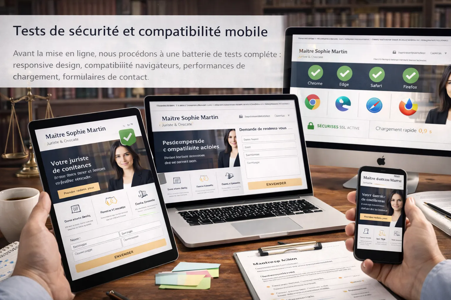 Tests de sécurité et compatibilité mobile du site internet pour avocat