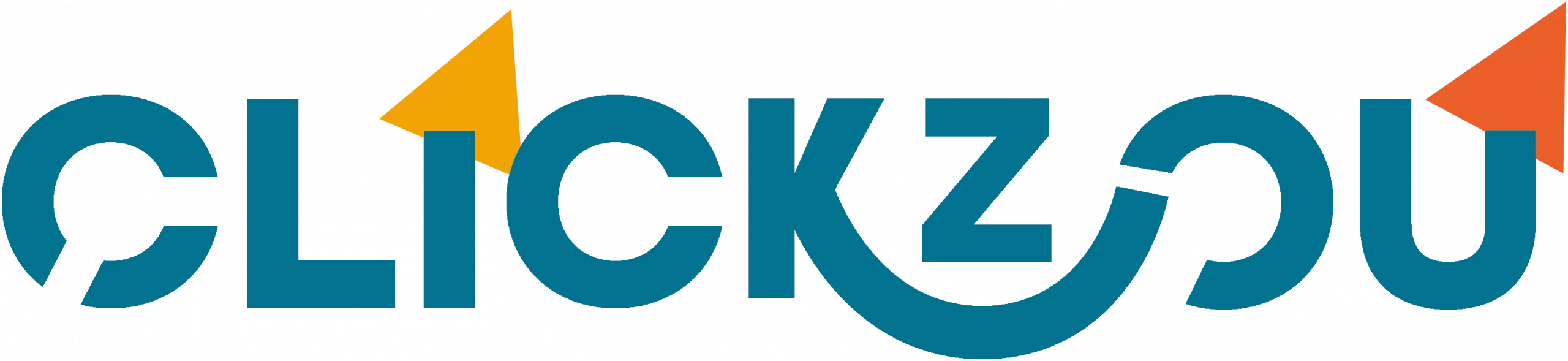 Le logo affiche le texte "CLICKZOU" avec un style graphique distinctif. Les lettres sont en majuscules et de couleur bleu-vert. Deux flèches triangulaires pointant vers le haut sont intégrées dans le logo : l'une jaune, au-dessus du "I", et l'autre orange, au-dessus du "U". La lettre "C" dans "CLICK" et "Z" dans "ZOU" sont stylisées pour former un cercle inachevé, donnant une impression de mouvement circulaire. Ce logo représente une marque dynamique, liée à la technologie, au marketing et au web.