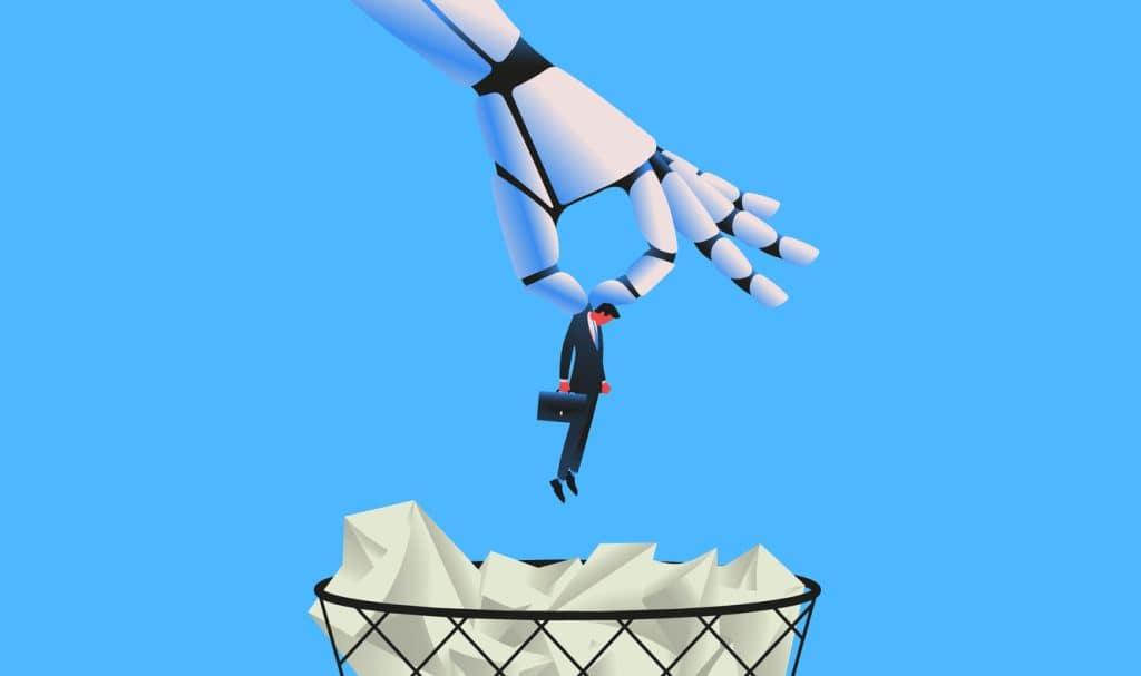 Un robot géant jetant un homme dans une poubelle. L'intelligence artificielle remplace le concept d'emploi.