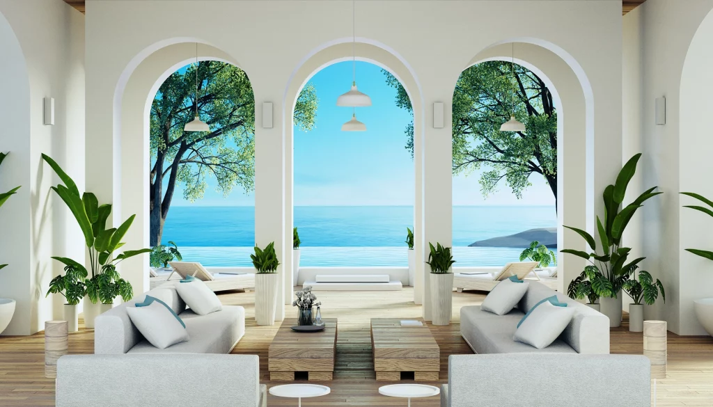 Hôtel avec vue panoramique sur la mer, offrant des espaces élégants et lumineux pour un séjour relaxant. Profitez d'une atmosphère de luxe et de sérénité en bord de mer.