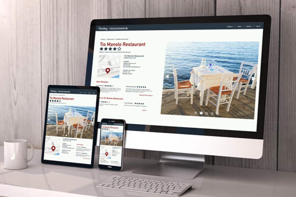 Site internet d'un restaurant en responsive, visible sur différents écrans, tablette, smartphone et ordinateur