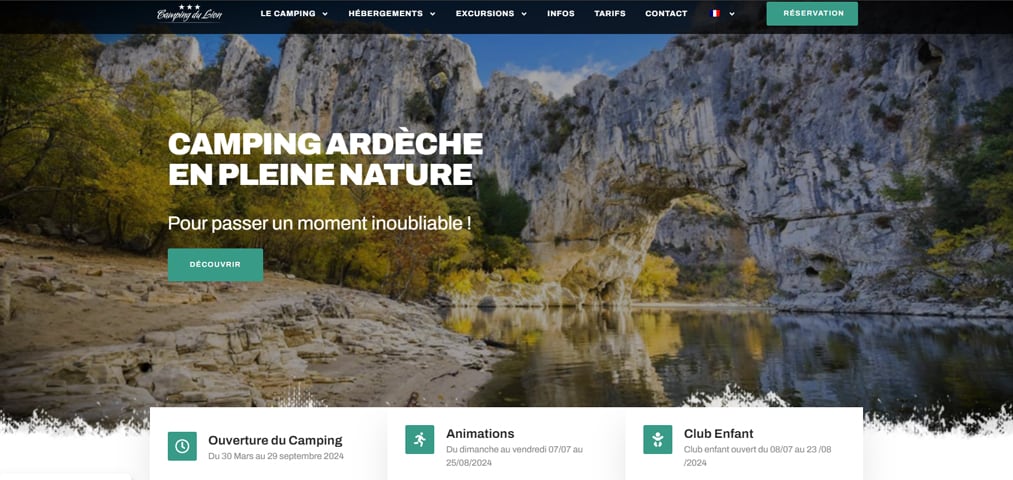 Capture d'écran d'un site internet créé par Clickzou pour un camping en Ardèche