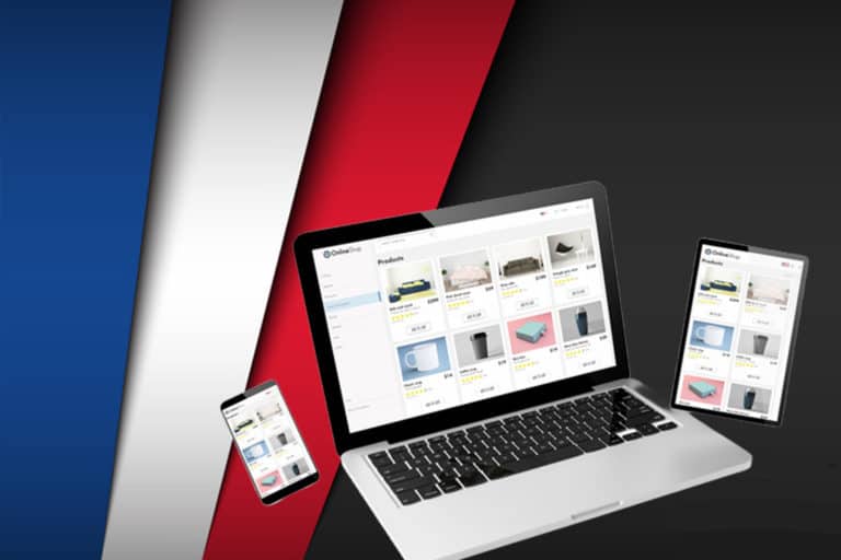 Tablette, ordinateur portable et téléphone mobile affichant un site Web avec à côté le drapeau français bleu blanc rouge