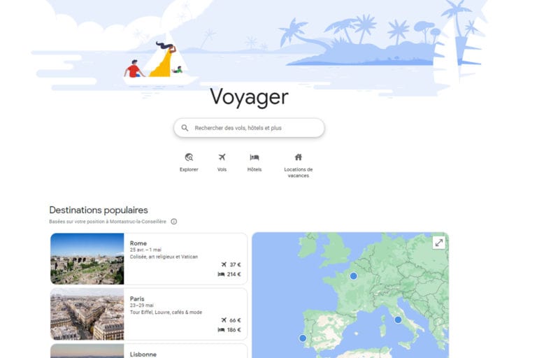 Copie d'écran de la page Google Travel