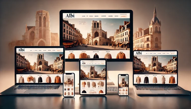 "Un site web de magasin de vêtements affiché sur quatre dispositifs : un grand écran d'ordinateur Apple au centre, une tablette à droite, un ordinateur portable à gauche et un smartphone devant la tablette. Le site web présente une image de fond d'Albi avec des titres et descriptifs en français, visible sur tous les dispositifs.