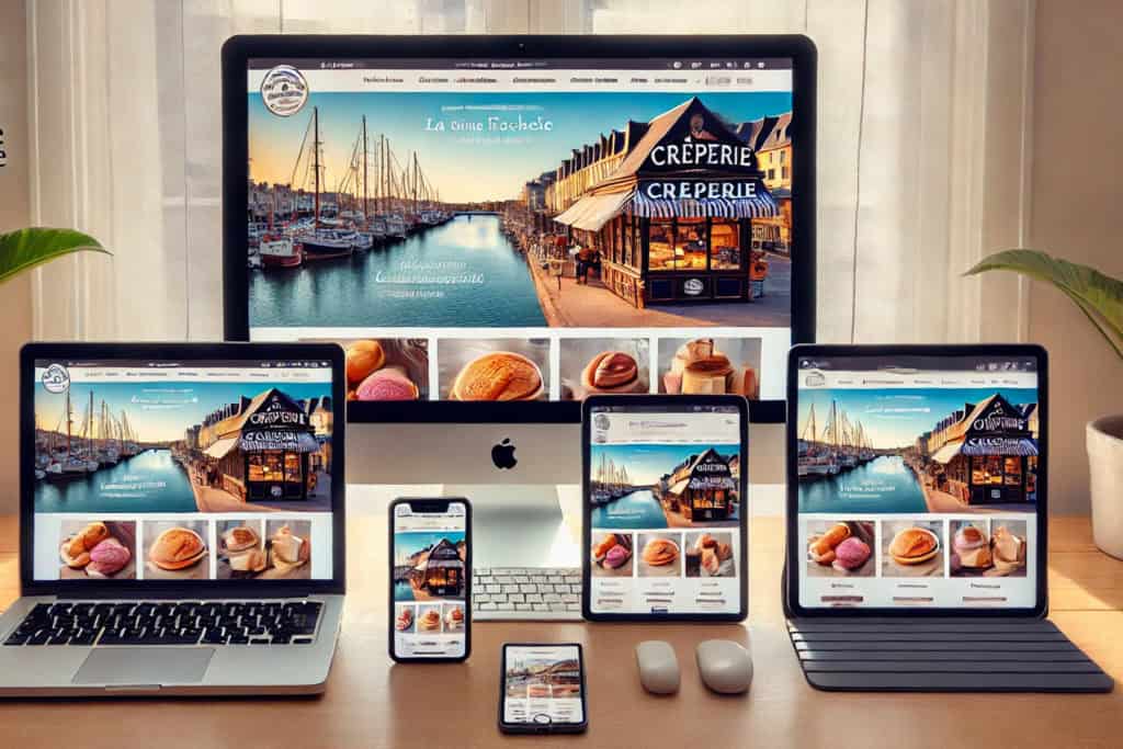 Une photo montrant le même site web pour une crêperie à La Rochelle sur quatre dispositifs différents. Un grand écran d'ordinateur Apple au centre affiche le site web avec une image principale d'une boutique en ligne. À droite de l'ordinateur, une tablette affiche également le même site web. À gauche de l'ordinateur, un ordinateur portable montre le site web. Devant la tablette, un smartphone affiche la version mobile du site web. L'image de fond sur tous les dispositifs représente le port de La Rochelle.