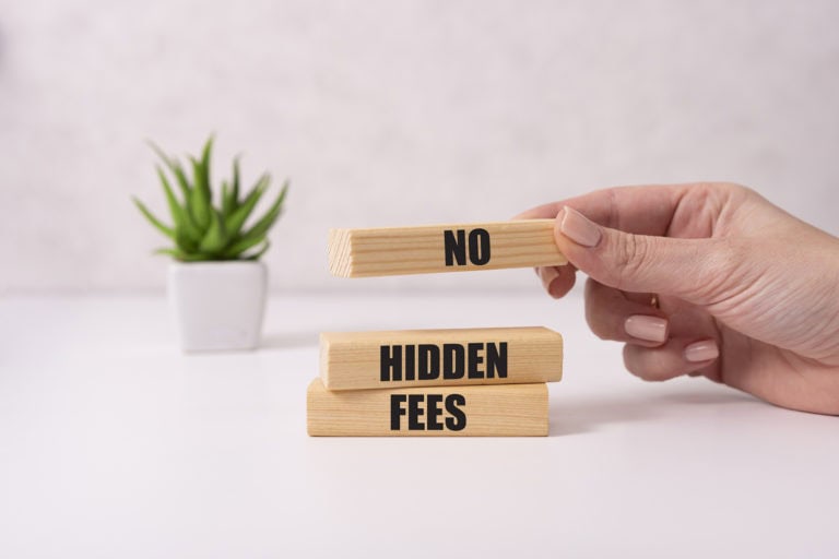 Image d'une main tenant un bloc de bois avec le mot 'NO' inscrit dessus, qui est placé au-dessus de deux autres blocs de bois inscrits 'HIDDEN FEES'. En arrière-plan, il y a une petite plante verte en pot, symbolisant la transparence des tarifs sans frais cachés.