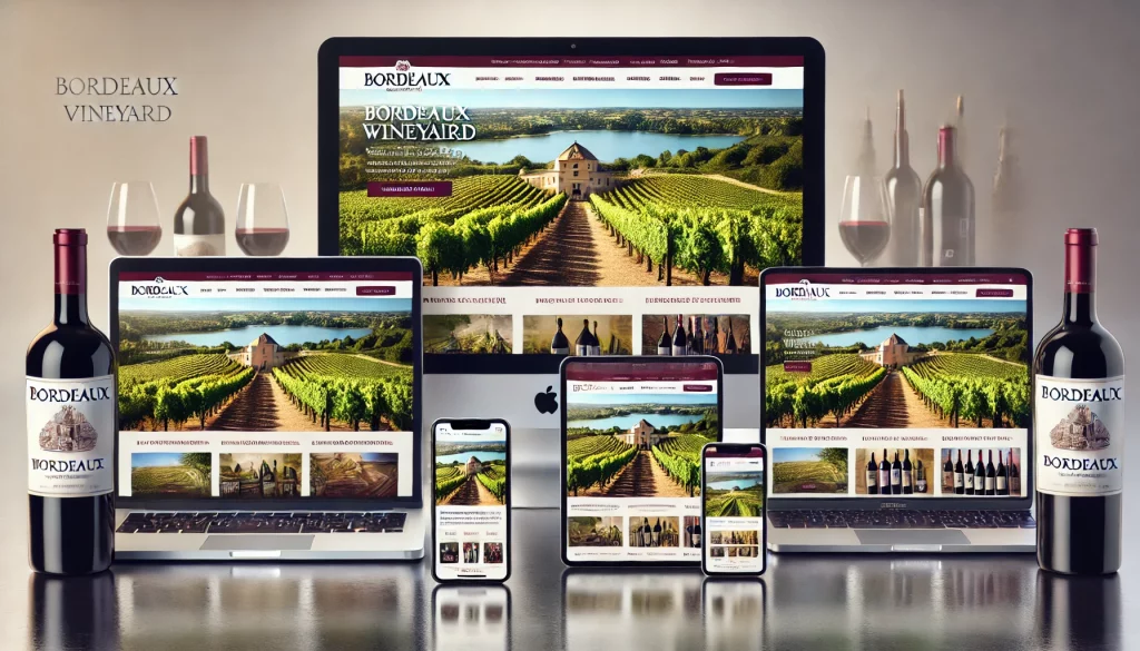 Une image détaillée présentant le site web d'un vignoble à Bordeaux affiché sur quatre dispositifs différents. Au centre, un grand écran d'ordinateur Apple affiche le site web avec une image principale d'une boutique en ligne. À gauche de l'ordinateur, un ordinateur portable montre le même site web. À droite de l'ordinateur, une tablette affiche également le site web avec la même image. Devant la tablette, un smartphone présente la version mobile du site web. L'image de fond sur tous les dispositifs est une vue pittoresque de Bordeaux.