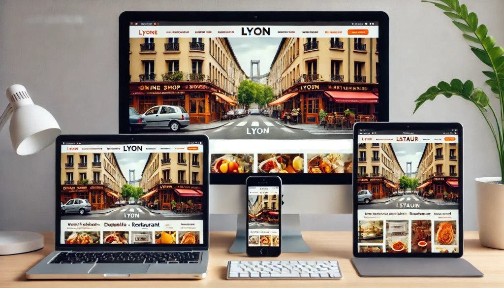 Image montrant un site web de restaurant à Lyon affiché sur quatre dispositifs différents. Au centre, un grand écran d'ordinateur Apple affiche le site web avec une image principale représentant une rue avec un restaurant à Lyon. À gauche, un ordinateur portable affiche le même site web. À droite, une tablette présente également le site web avec la même image. Devant la tablette, un smartphone affiche le site web adapté à un format mobile.