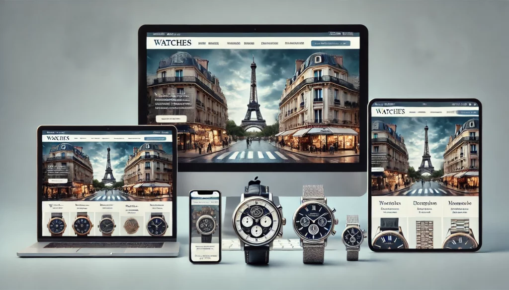 Image montrant un site web de vente de montres à Paris affiché sur quatre dispositifs différents. Au centre, un grand écran d'ordinateur Apple présente le site web avec une image principale de Paris. À gauche de l'ordinateur, un ordinateur portable affiche le même site web avec la même image de Paris. À droite de l'ordinateur, une tablette affiche également le même site. Devant la tablette, un smartphone montre la version mobile du site avec l'image de Paris.