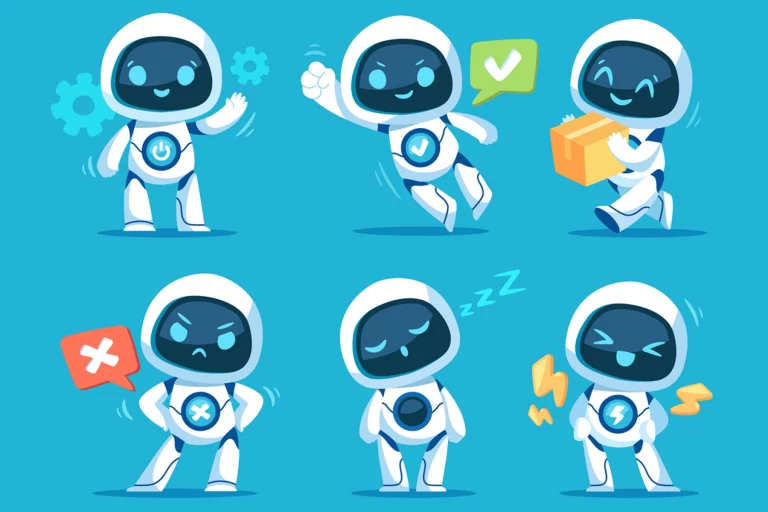 Illustration de plusieurs chatbots avec différentes expressions émotionnelles, représentant l'IA dans le service client capable de gérer des interactions variées et personnalisées.