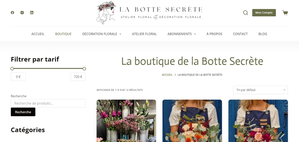 Vue du site e-commerce de la Botte Secrète, une boutique en ligne de vente de fleurs