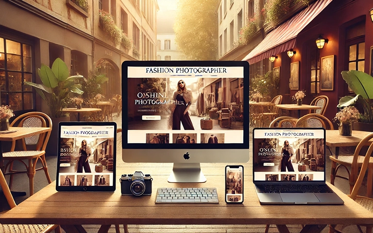 Image montrant un site web de photographe de mode affiché sur quatre dispositifs : un ordinateur de bureau, un ordinateur portable, une tablette et un smartphone. Le site présente une boutique en ligne, avec en arrière-plan une rue de Lille, des tables de restaurant en extérieur et des plantes vertes. L'ambiance est moderne et chaleureuse.