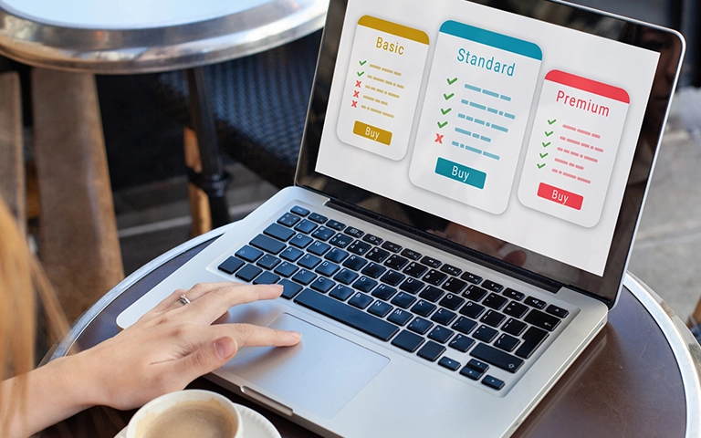 Personne consultant une page de comparaison de forfaits d'abonnement (basic, standard, premium) sur un ordinateur portable, illustrant les options tarifaires pour un service en ligne.